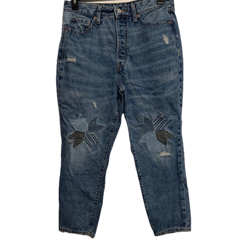 Old Navy Extra High Rise Women's Straight Blue Jeans Star Patches 12 Petite Y2K